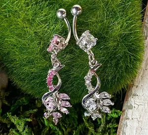 1pc Vine Dangle CZ Gem Belly Ring Navel Piercing Naval 14g 316L Surgical Steel - Only Pink Left In Stock!
