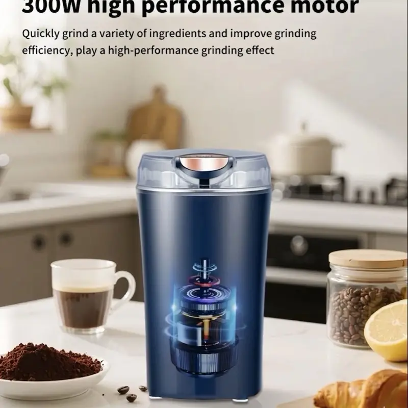 300W Portable Stainless Steel Electric Coffee Bean Mill - Household Kitchen Food Processing Tool with Measuring Pitcher, Coarse to Fine Grinding for Nuts, Spices, Ultra-Fine Powder & Smoothie Prep, Coffee Beans Convenience