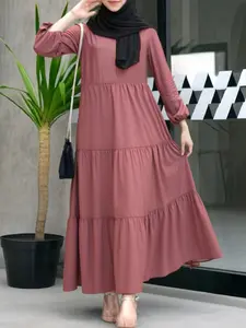 Women's Plain Ruffle Hem Lantern Sleeve Smock Dress, Modest Style Dress, Casual Keyhole Neckline Long Sleeve Dress for Daily Wear, Ladies Clothes for All Seasons