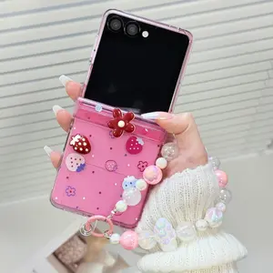 Strawberry/Flower Decor Full Protection Anti-Scratch Phone Case for Samsung Galaxy Z Flip4/5/6/7 Foldable with Pearl Chain Trendy Cute Cover