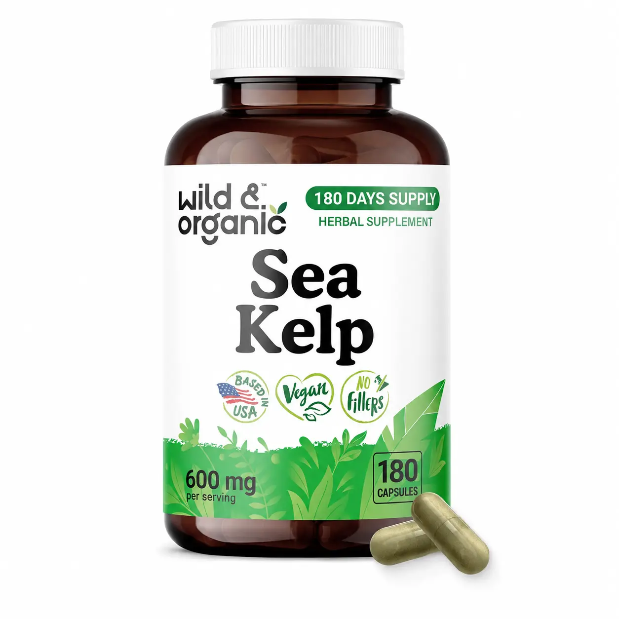 Wild & Organic Sea Kelp Capsules 600 mg - Immune Support - 60, 90, 120 & 180 Count