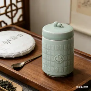 “Blue Porcelain – Abundant Blessings” embossed “Fu” character blue porcelain sealed tea jar with gourd-shaped lid, moisture-proof tea storage container; ceramic storage jar for storing tea leaves and spices; ideal as a holiday gift and for collecting East