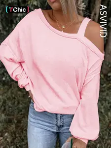 Women's Plain Asymmetrical Neck Sweatshirt, Casual Drop Shoulder Long Sleeve Pullover for Spring & Fall, Ladies Everyday Clothes for Daily Wear