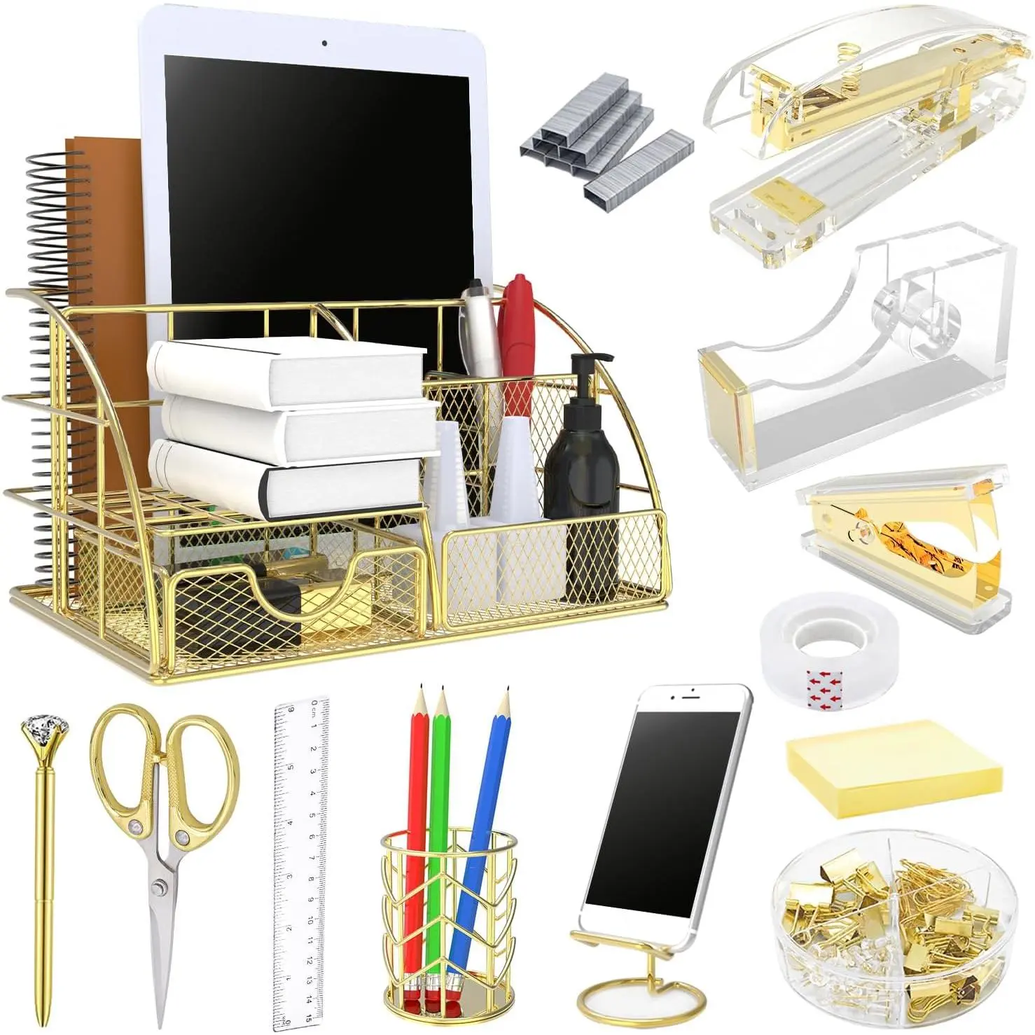 Elegant 13Pcs Gold Acrylic Complete Desk Organizer All In One Office Supplies Kit Stapler Staple Remover Paper Clips Scissors Phone Stand Pen Cup Pen Holder Luxury Desktop Storage Accessory Decor Gift For Women Girls Coworkers Home Office Workspace Table