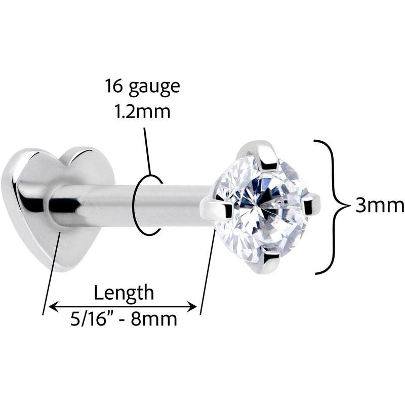 16 Gauge 5/16 Clear CZ Implant Grade Titanium Threadless Reversible Heart Flatback Stud