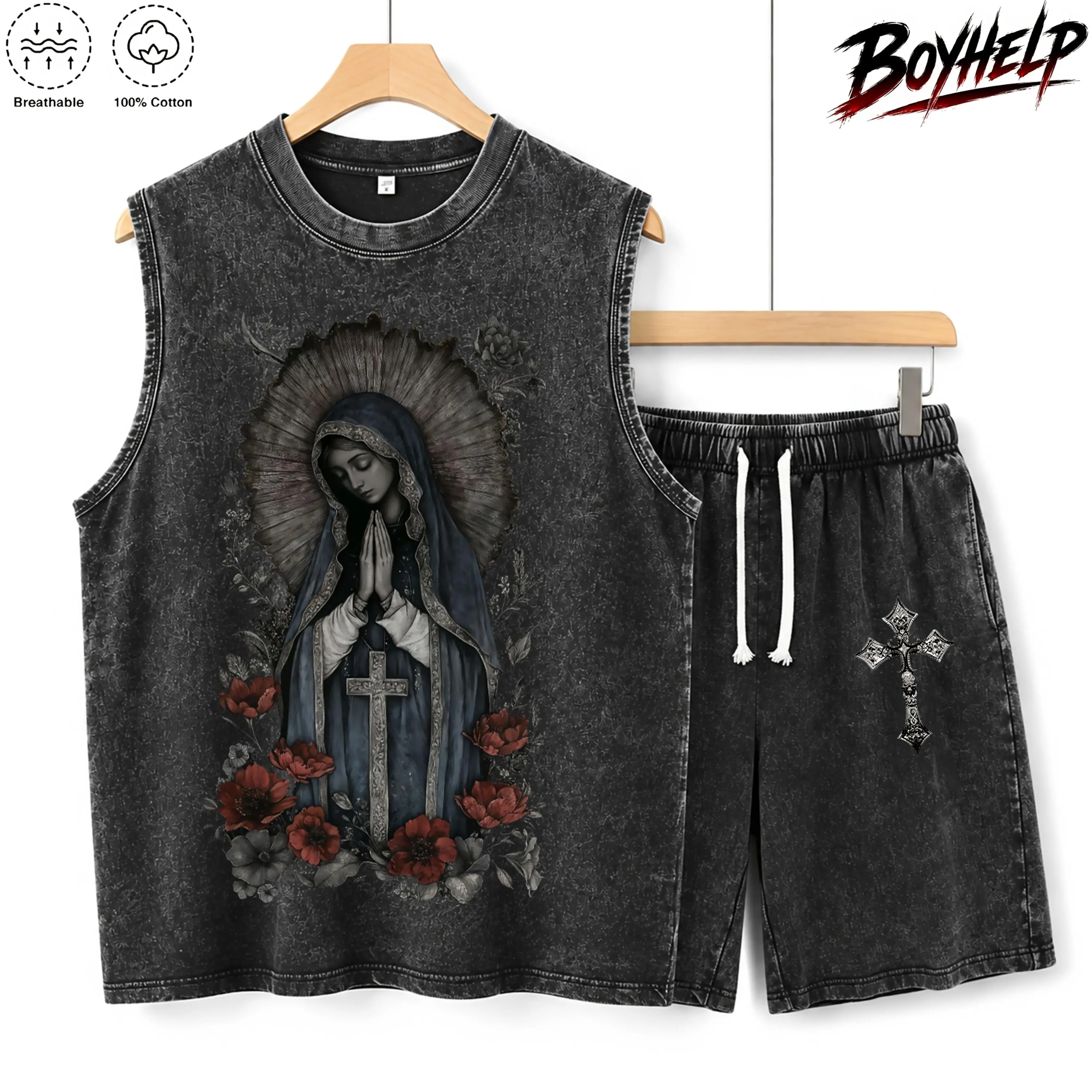 Men’s Vintage Washed Tank Top & Shorts Set, Gothic Virgin Mary Graphic Sleeveless 2 Piece Outfit, Oversized Streetwear Y2K Style, Cross Print Summer Casual Matching Set for Men and Women sohochic