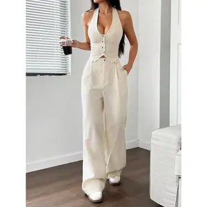 2-Piece Set: Necktie-Design Vest and Straight-Leg Casual Pants Outfit