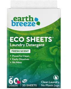 Earth Breeze Laundry Detergent Sheets Fresh Scent - 60 Loads No Plastic Jug Concentrated Laundry Detergent 30 Sheets