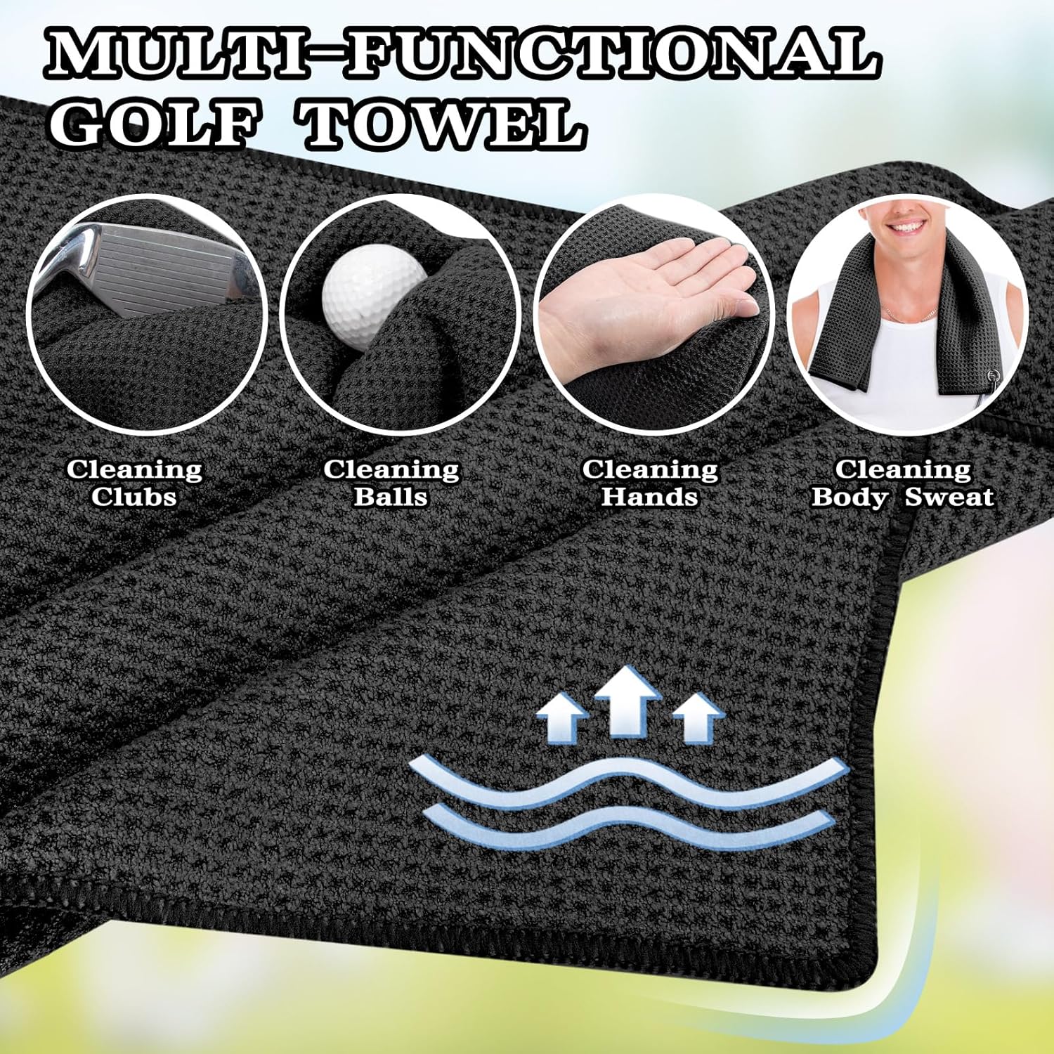 2 Pack Golf Towel (16" X 16") with Club Brush, Microfiber Waffle Pattern Golf Towels for Golf Bags for Men,Essential Golf Combo Cleaning Kit (Black)