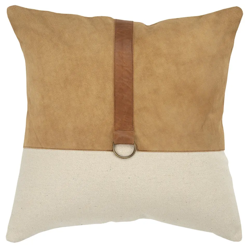 HomeRoots 403291 Modern Rustic 2-Tone Standard Throw Pillow (20"x20"x6.25") - Natural Camel Cotton & Suede, Brown & Beige Leather Band, Belted Hardware, Matching Hidden Back Zipper, Easy Fill & Cleaning, Natural, for Living Room & Indoor Decor