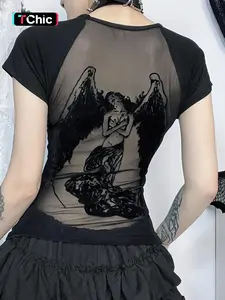 Women's Angel Print Contrast Mesh Sheer Fabric Round Neck Tee, Y2K Trendy Casual Raglan Sleeve T-shirt for Daily Wear, Ladies All Seasons Outfit