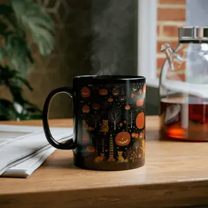 BNB Dark Cottagecore Halloween Coffee Mug 11oz Ceramic Whimsigoth Mid-Century Inspired Cup with Jack O'Lanterns & Black Cats Spooky Fall Aesthetic Mug Unique Host Gift Dishwasher Microwave Safe