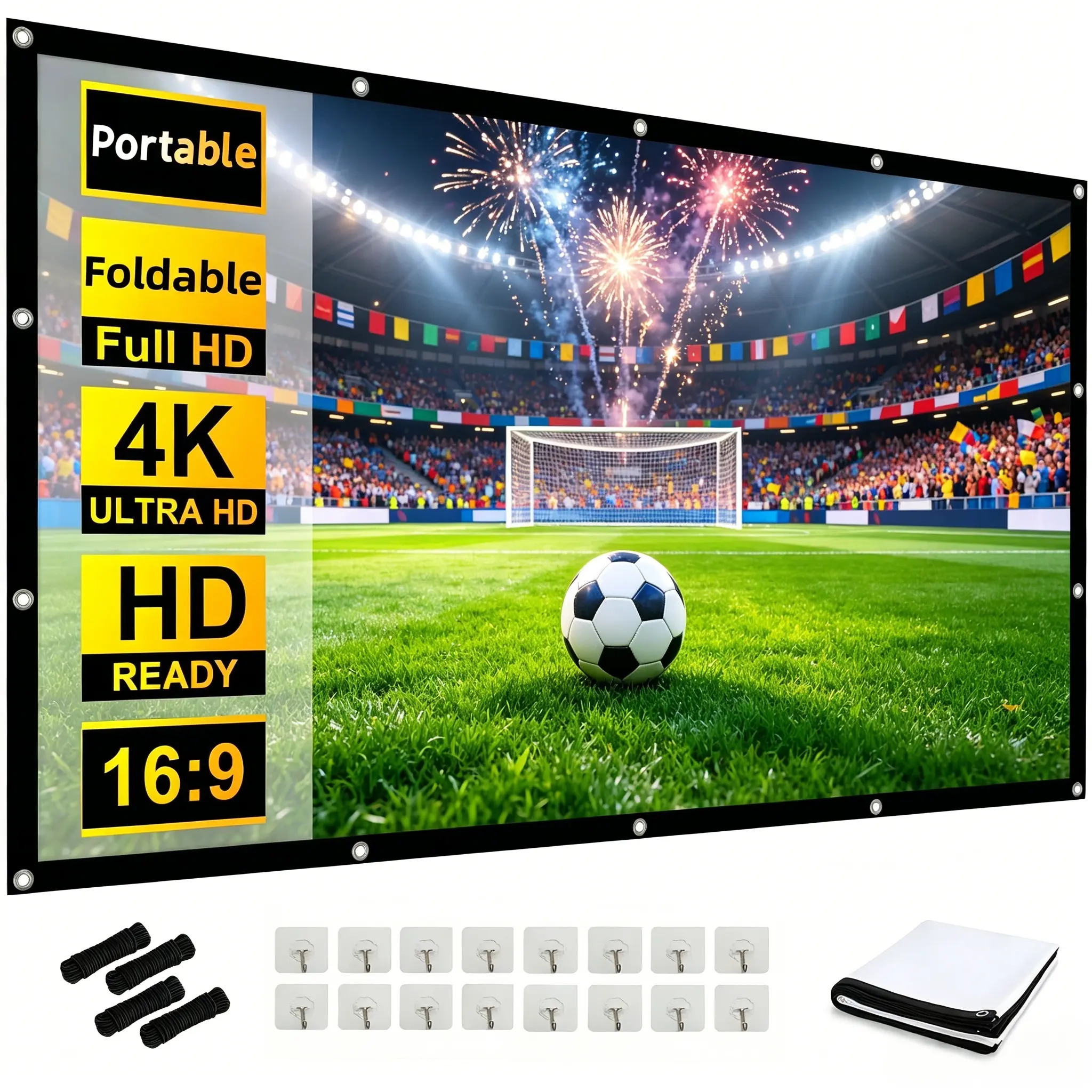 Foldable Projector Screen 16:9 4K Anti-Crease Black Backing Portable Indoor Outdoor Movie Screen Multiple Sizes High-Quality Material Easy Setup & Versatile Usage Durable