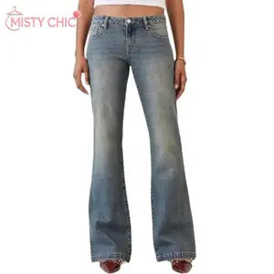 MISTY CHIC Y2K Flare Leg Denim Jeans With Vintage Wash Finish And Button Back Pocket, Relaxed Fit Ideal For Casual Hangouts And Viral Streetwear OOTD Posts That Dominate Your Feed