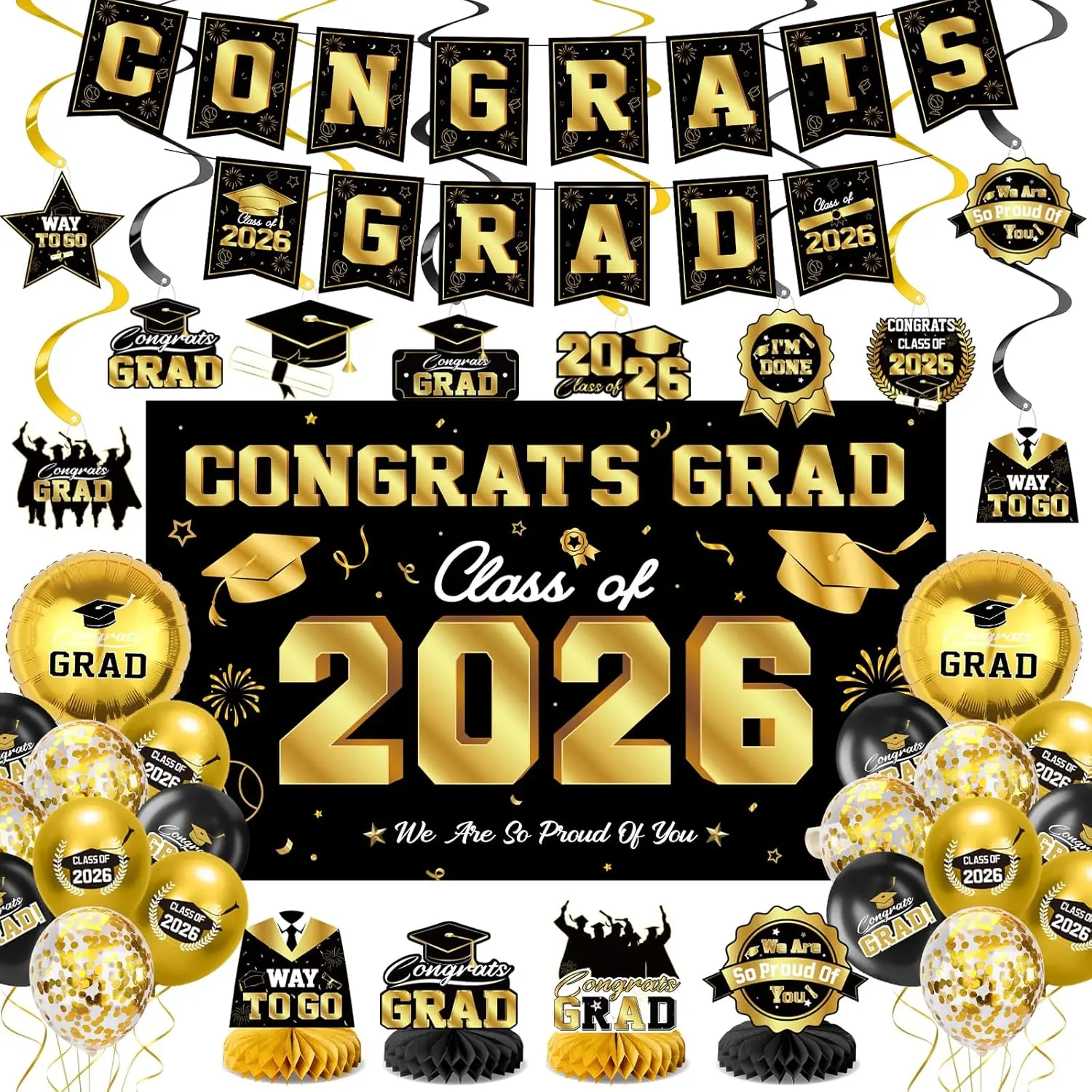 Graduation Decorations 2026-Black and  Graduation Party Decorations Supplies Class of 2026 with Graduation Banner, Backdrop, Balloons, Centerpieces,  Swirl for Grad Party