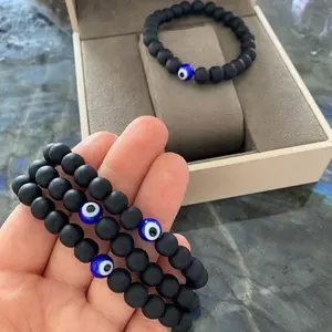Evil Eye Bracelet for Men, Natural Stone Onyx Bead Bracelet Large size