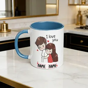 Customizable 11oz Cartoon Couple Mug, I Love You Design, Personalized Names, Ceramic Material, High Temperature Resistant, Coffee Milk Cup