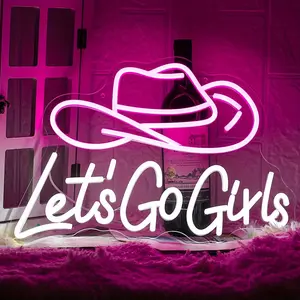 Let's Go Girls Neon Sign Pink White Cowboy Hat Neon Signs Letter Led Light up Cowboy Hat Neon Sign for Wall Decor USB Powered for Cowboy Bar Bedroom Livingroom Christmas Birthday Gifts