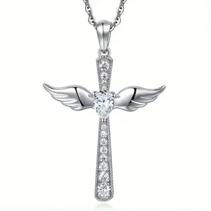 Moissanite Cross Necklace Pendant, Angel Wing Cross Necklace 925 Sterling Silver Wing Cross Pendant with Birthstone, Cross Jewelry Gifts for Women Gilrs Men Boys mom gifts cuban link chain mom gifts cross necklace initialnecklace mom gifts