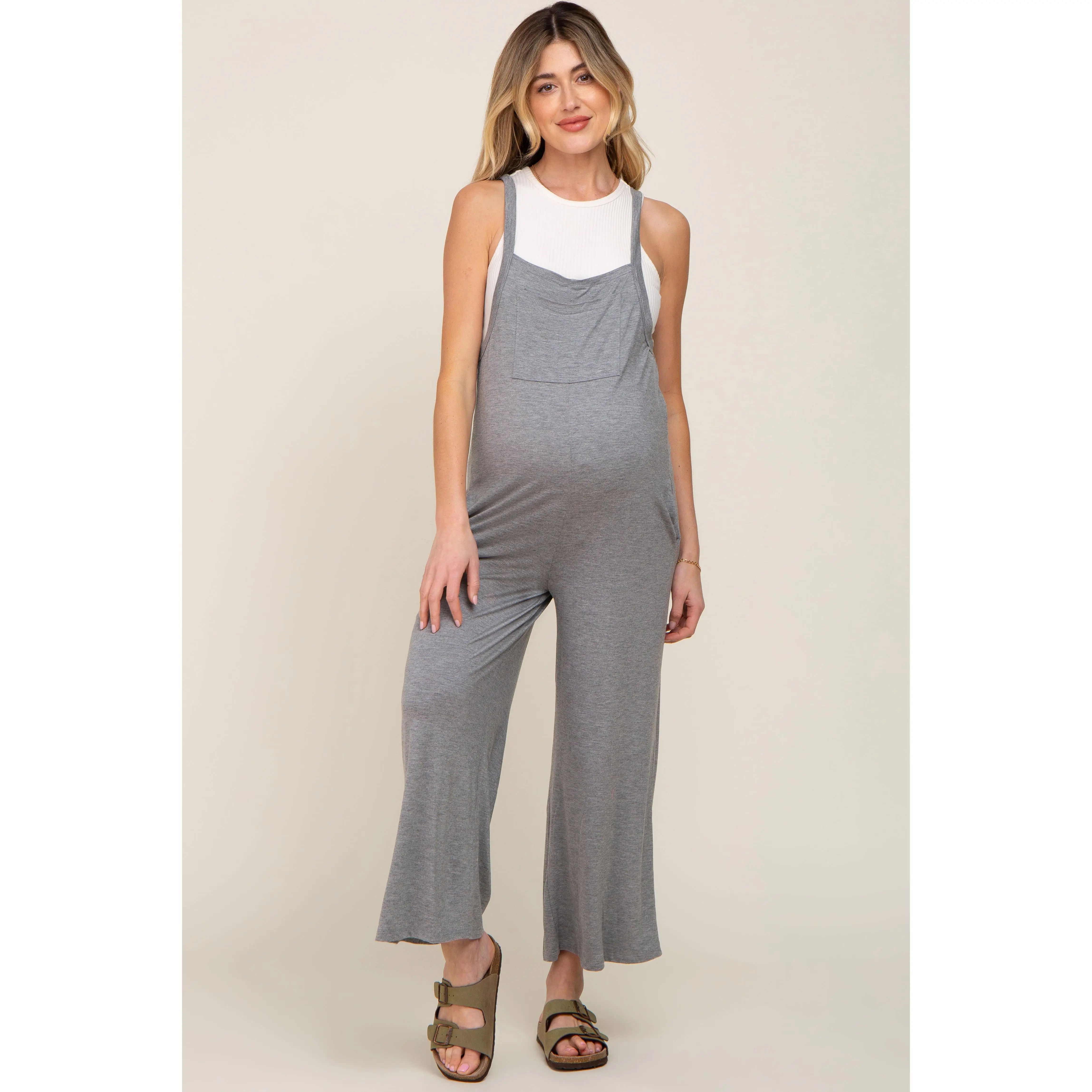 Women's Heather Grey Sleeveless Casual Maternity Jumpsuit, Maternity Wear for Pregnancy, Wide-Leg Design with Pockets and Front Pocket