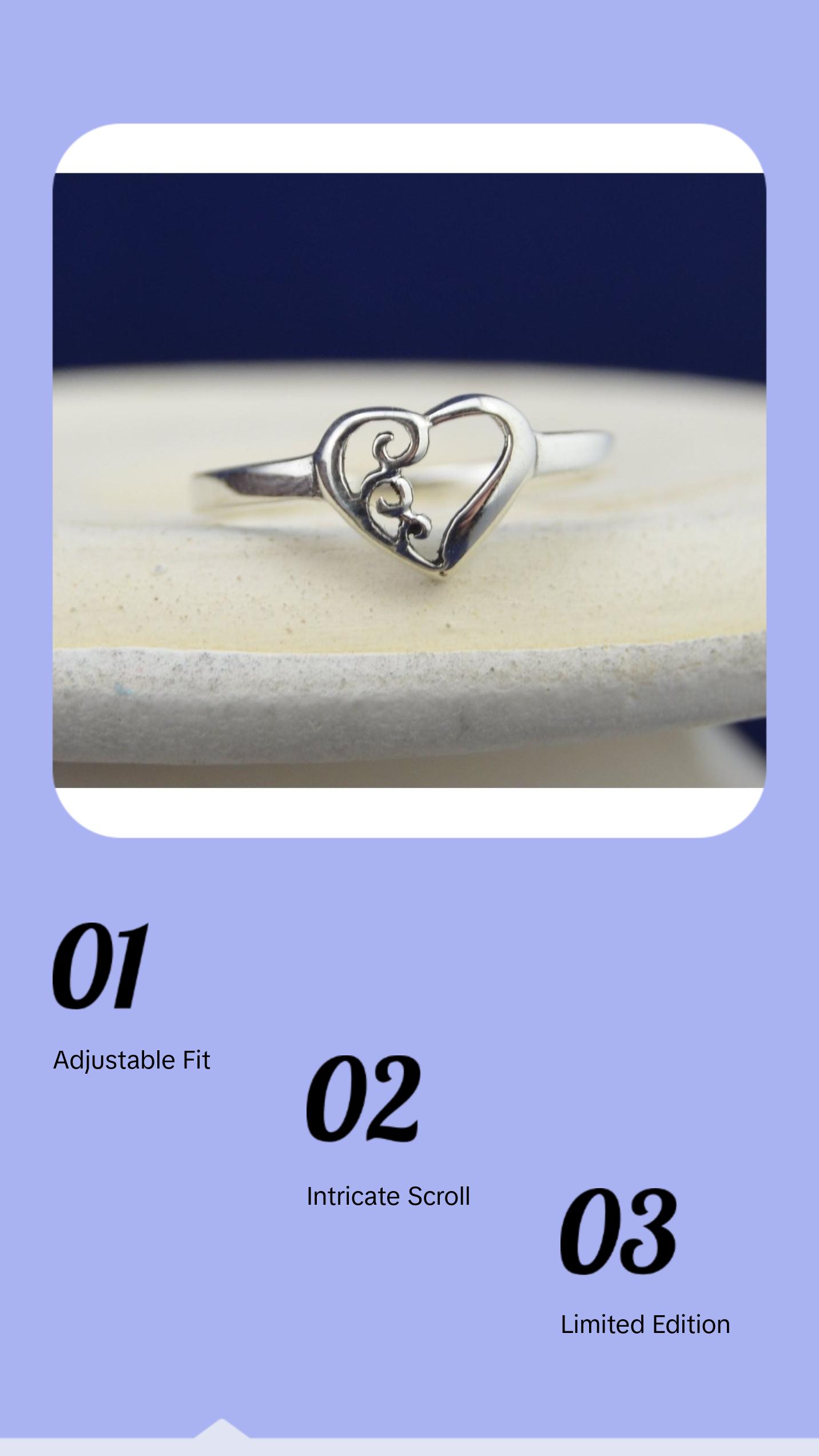 Elegant 925 Sterling Silver Heart Ring with Exquisite Scrollwork - Limited Edition