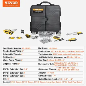 VEVOR 207-Piece Mechanics Tool Set, 1/4 3/8 1/2 Drive Sockets, SAE and Metric Mechanic Tool Kit with Bits, Wrenches, Ratchet Handle, Accessories, and Plastic Storage Case, for Automotive Repair