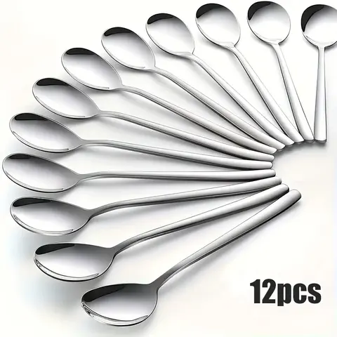 12-piece set of stainless steel Korean-style soup spoons, 7.28-inch tea spoons, mirror-polished dessert spoons, suitable for rice, cream soup, desserts and oatmeal, for home and restaurant use, can be washed in the dishwasher, Utensil Spoons