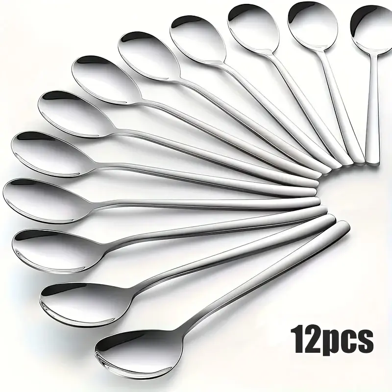 12-piece set of stainless steel Korean-style soup spoons, 7.28-inch durable tea spoons, mirror-polished dessert spoons, suitable for rice, cream soup, desserts, for home and restaurant use, dishwasher safe, Utensils