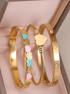 3pcs Stainless Steel Jewelry Set, Suitable for Women's Daily Wear, European and American Style Delicate Heart Nail Bracelet, Birthday, Wedding, Elegant Minimalist Bangle, Fashionable Bangles