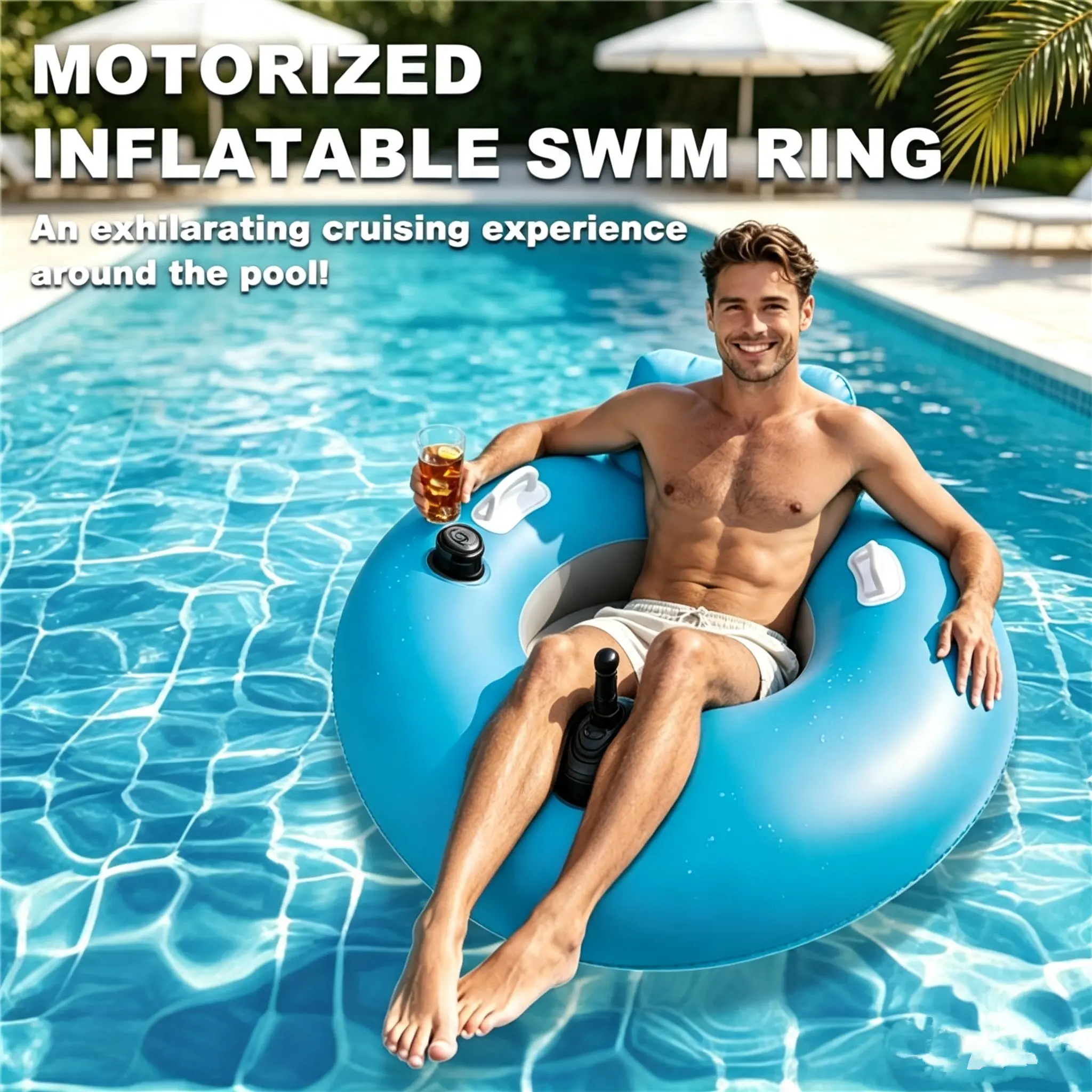 Outdoor Motorized Inflatable Floating Chair, Adult Electric Propeller Drive Water Float with Joystick, Backrest and Cup Holder for Lake & Pool