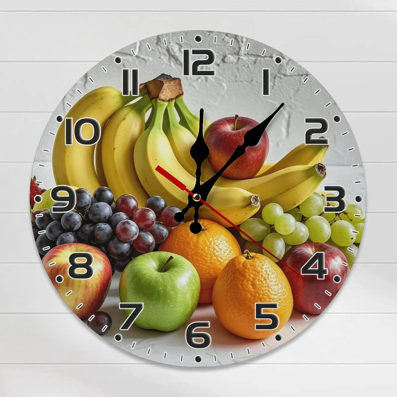 Colorful Fruit Platter Wall Clock | Silent Sweep Movement With Banana Apple Orange Grape Print, Battery Not Included, Ideal For Kitchen, Dining Room, Breakfast Nook Decor