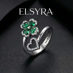 Elsyra S925 Sterling Silver Four Leaf Clover Ring for Women, Emerald Green Heart Bypass Open Ring, Lucky Jewelry Gift, Adjustable Promise Ring with Cubic Zirconia, Elegant Anniversary Gift for Her