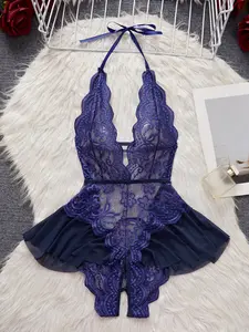 AESKEIA Hot and Sexy Hollow-Out Open-Crotch Bodysuit for Women - Lace Passion Uniform Temptation Pure Desire Sleepwear