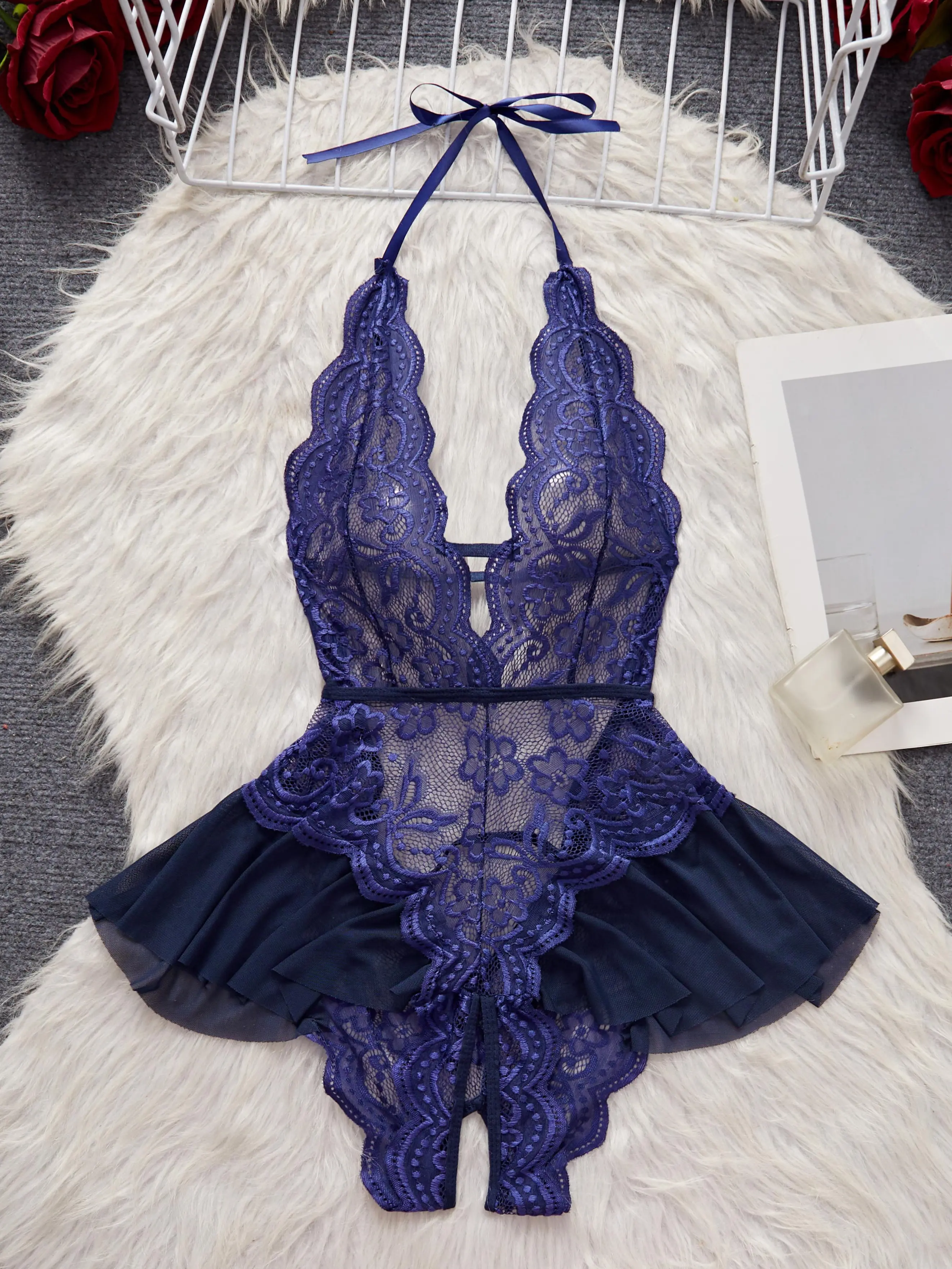 AESKEIA Women's Navy Blue Floral Lace Halter Teddy Bodysuit, Deep V Backless Skirted One Piece Lingerie