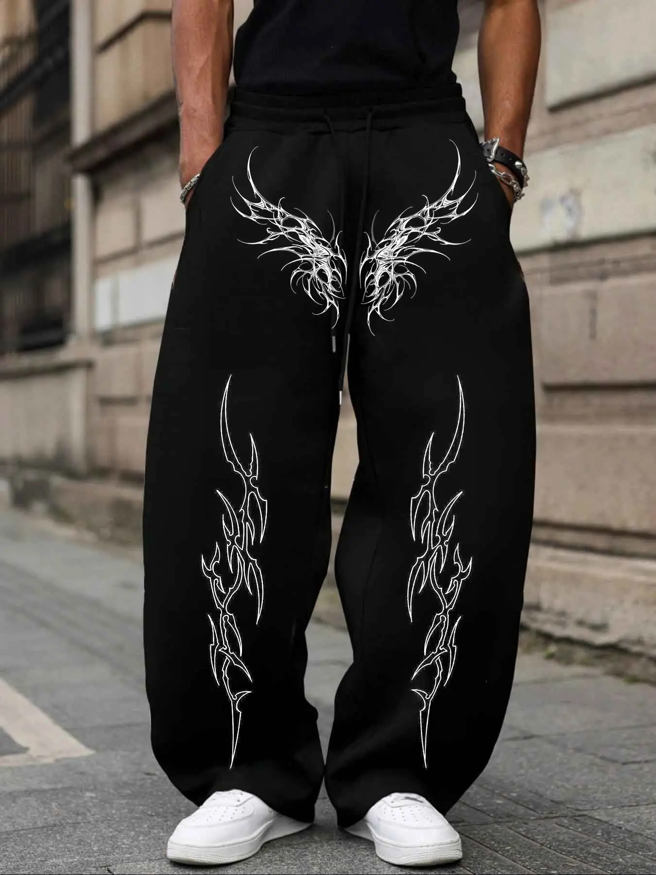 Men's Gothic Full Print Baggy Pants - Black Oversized Streetwear
