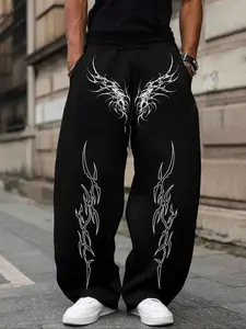 Men's Gothic Full Print Baggy Pants - Black Oversized Streetwear Sweatpants with Geometric Spiky Thorn Graphics, Casual Loose Wide Leg Trousers