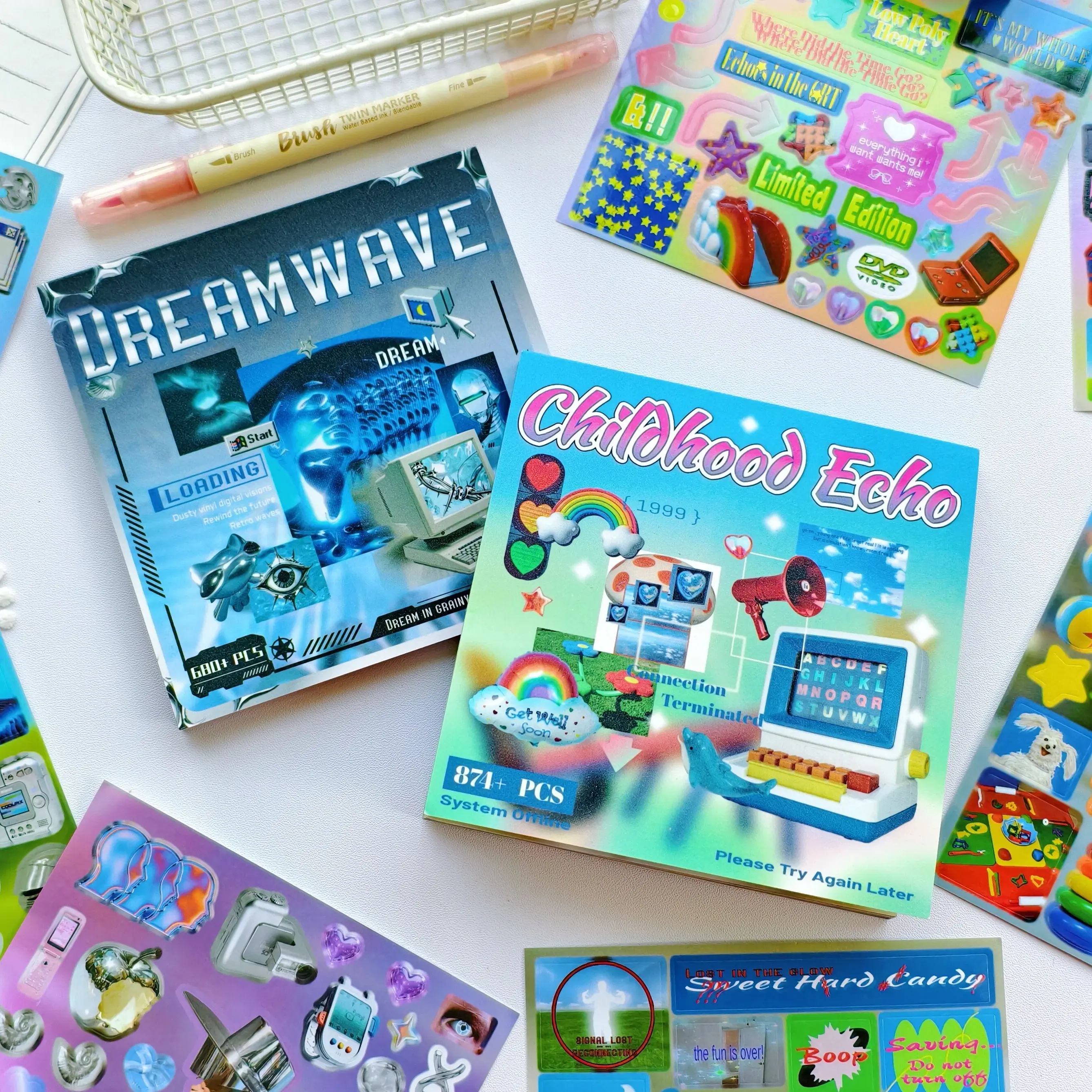 Nostalgia & Y2K Sticker Book Sets - 2-Book Bundles with Retro Tech, Kidcore, Neon Pop & Millennium Collage Stickers for Junk Journal Scrapbooking