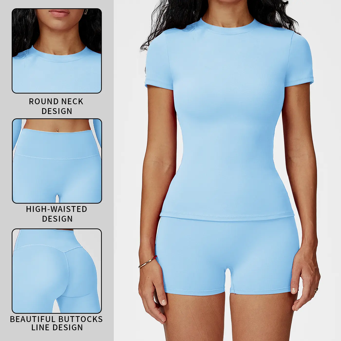 Women's 2-Piece Sporty Sports Clothing Set - Female Backless Boat Neck Short Sleeve Top & Above-the-Knee Tummy Control Compression Shorts, Nylon Breathable Shaping Quick-Dry Athletic Wear for Gym Yoga
