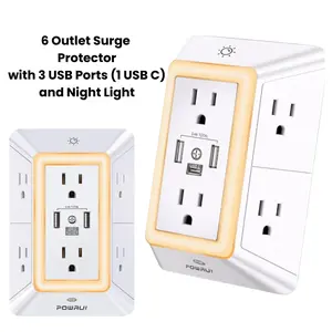 Multi Plug Outlet Surge Protector - 6 Outlet Extender with 3 USB Ports (1 USB C) and Night Light