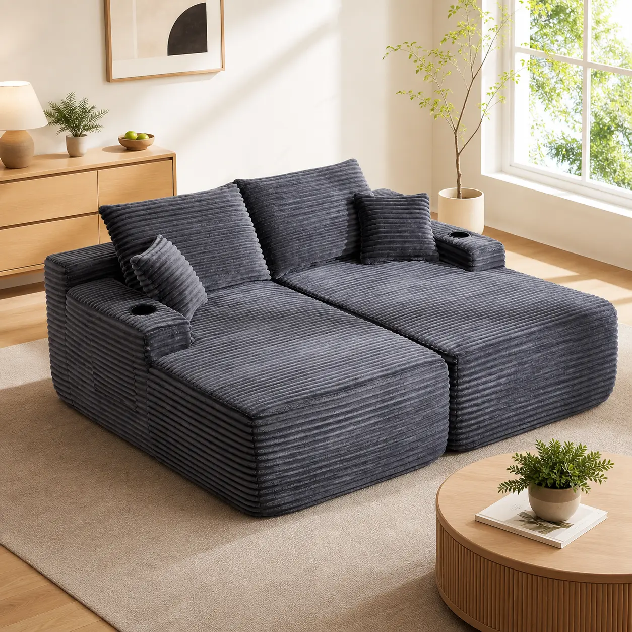 69-Inch Oversized 2-Seater Chaise Lounge Sofa - Grey Plush Corduroy, Double Chaise Sleeper Design, 4 Soft Pillows, Built-In Cup Holders, Side Storage Pocket, Cozy Deep Seating for Modern Homes