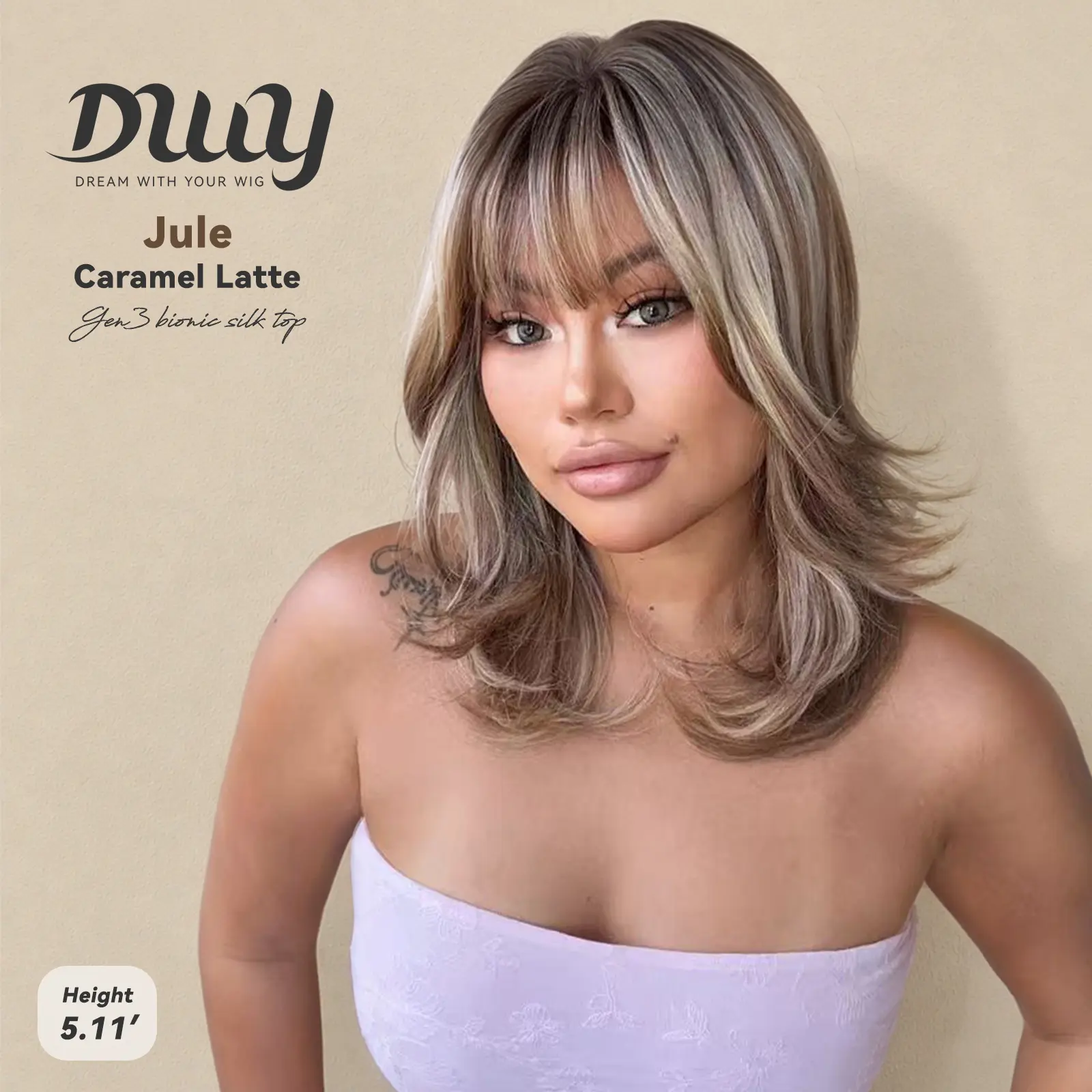 Jule -DWY Bionic Silk Top 18-Inch Layered Shoulder-Length Caramel Latte Glueless Synthetic Wig with Bangs for Women High-Quality Premium Fiber Easy Wear Comfortable Fiber Machine Wigs