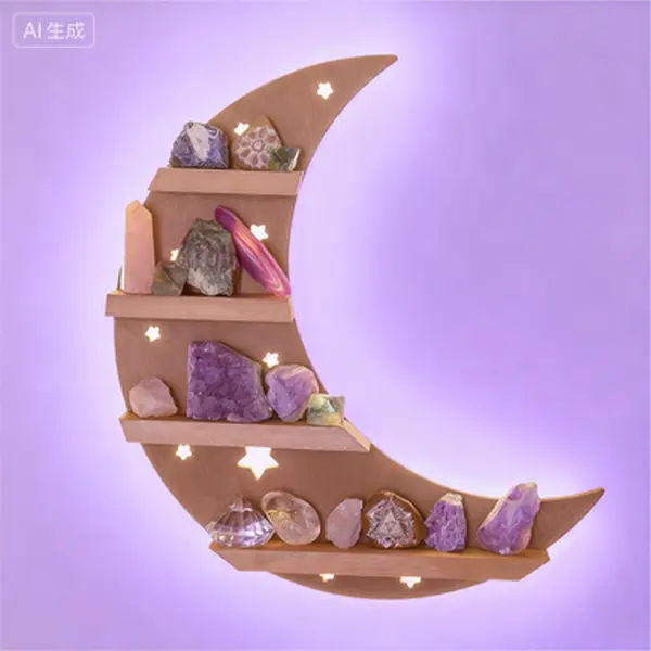 LED Illuminated Crystal Wall Shelf, 15.7 in Moon and Stars Themed Home Decor - Reusable Trinket Organizer for Witchy Altar, Decorative Stones Storage, Shelves