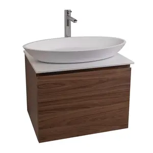 Venice 23.5 Walnut Wood Texture Cabinet, Solid Surface Flat White Counter And Oval Solid Surface White Basin 1305, Wall Mounted Modern Vanity Set Waterfall Sink Bathroom