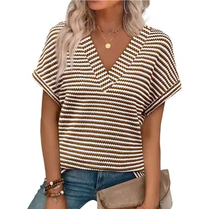 Women's Tops Summer Casual Short Sleeve Shirts V Neck Striped Color Block T-Shirts Blouses