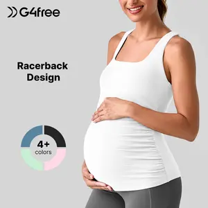 G4Free BareFeel Maternity Racerback Tank Tops with Built in Bra Ruched Sleeveless Square Neck Pregnancy Yoga Workout Shirts