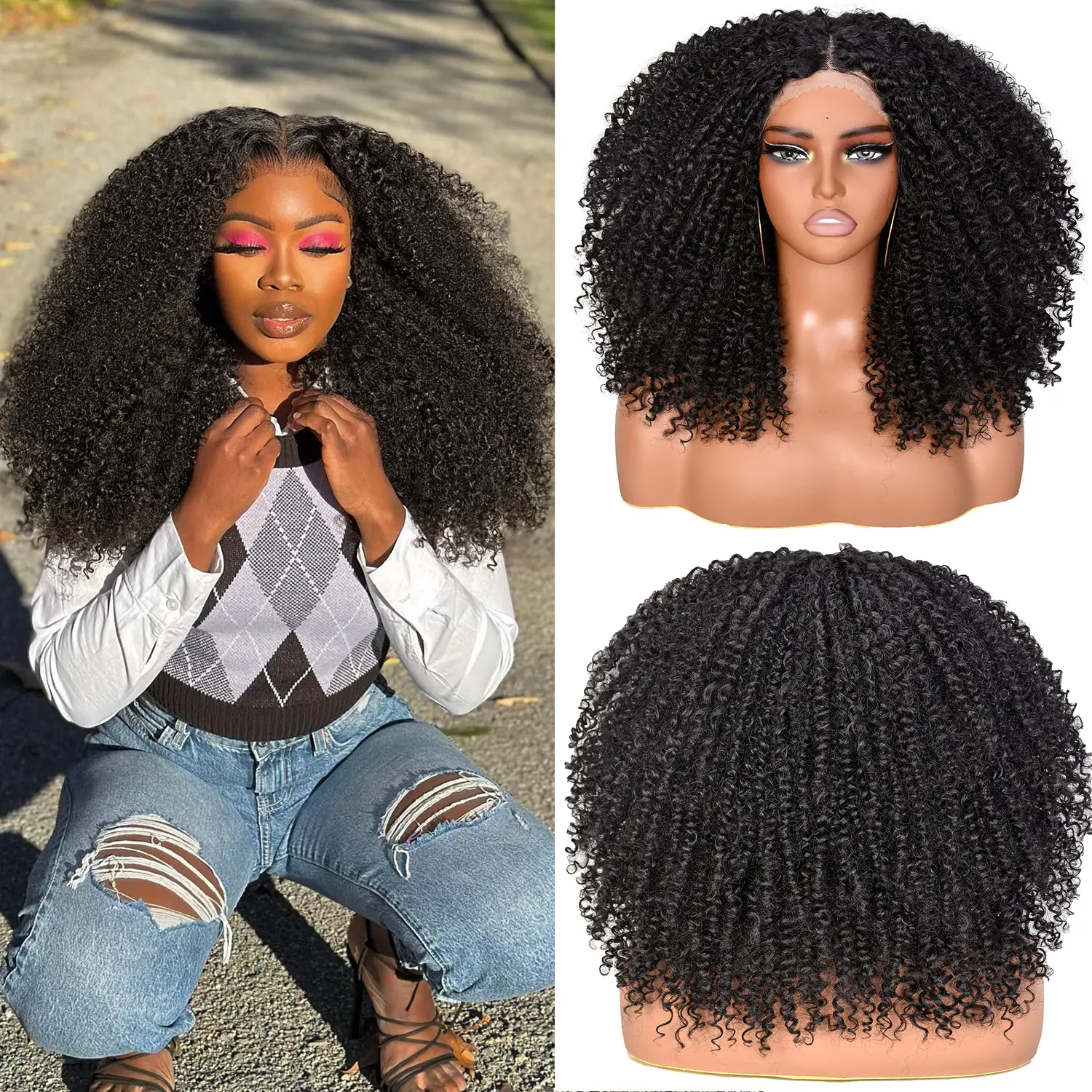 Curly Lace front Wigs for Black Women,Lace front Wig Synthetic Hair Pre Plucked Deep Curly Wave 13x4x1 HD Short Glueless Curly Afro Wig 17Inch