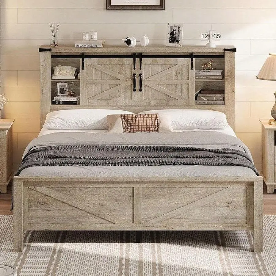 Full/Queen/King Size Platform  Frame  Bookcase Headboard And Sliding Barn Doors, Farmhouse Storage   Charging Station, Adjustable Shelves, Sturdy Construction, No Box Spring Needed, Light Grey Primed "T" Style DIY Portable Tent Bed with Mat sand