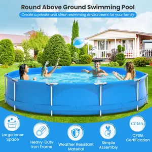 [Costway] Above Ground Swimming Pool, 12ft x 12ft x 30inch Outdoor Steel Frame Pool W/Pool Cover, Reinforced Steel Frame, Round Swimming Pool for Backyard, Garden, Patio, Balcony