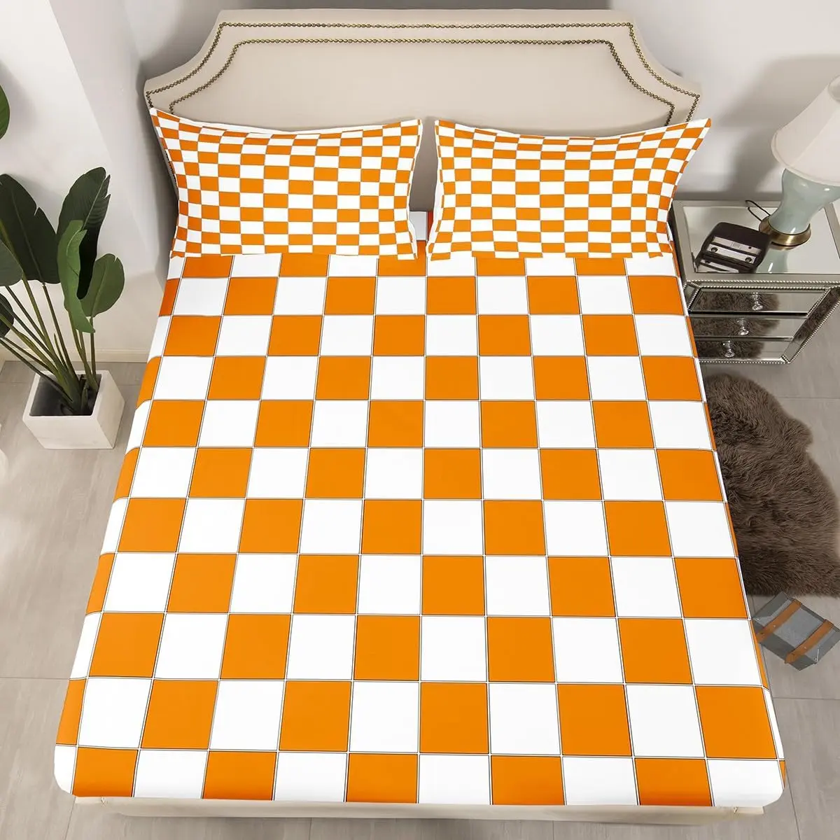 White Orange Checkered Bed Sheets Buffalo Plaid Grid Fitted Sheet,Checkerboard Bedding Adults Men Women Aesthetics Gingham Fitted Sheets Modern Room Decor