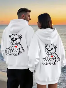 Couple Hoodie Set Cute Heart Bear Graphic Print, Casual Loose Fit, All Seasons, Perfect for Dating, Home, Shopping, European Style